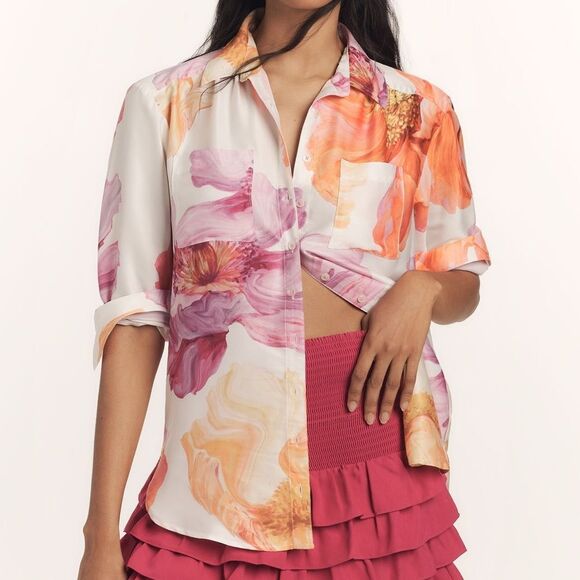By Anthropologie The Brielle Relaxed Button Down Floral Print Top NWOT - Picture 1 of 8